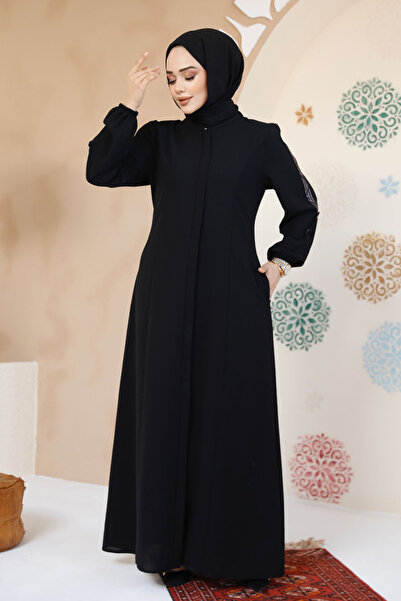 Neva Style Zippered Black Hijab Abaya 61364S