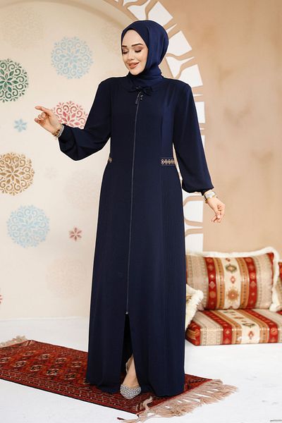 Neva Style Μπλε Navy Φερμουάρ Hijab Abaya - 8104L
