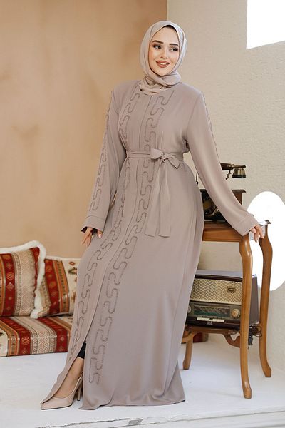 Neva Style Beige Hijab Abaya - Bead Embroidered, Model 29118Beige