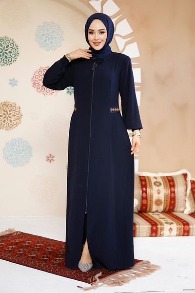 Neva Style Navy Blue Zippered Hijab Abaya - 8104L