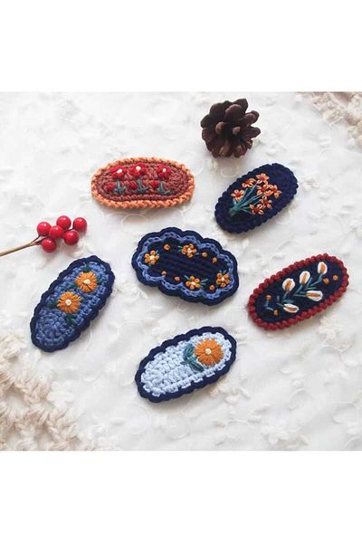 Kadın Girişimciler Atölyesi Floral Embroidered Mother & Daughter Niche Organic Handmade 6-Piece Snap Buckle Hair Accessory Suitable for All Ages