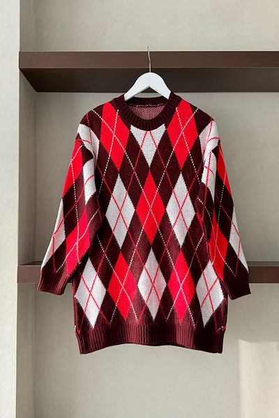 MODAQU Pulover portocaliu cu model în carouri cu textura moale