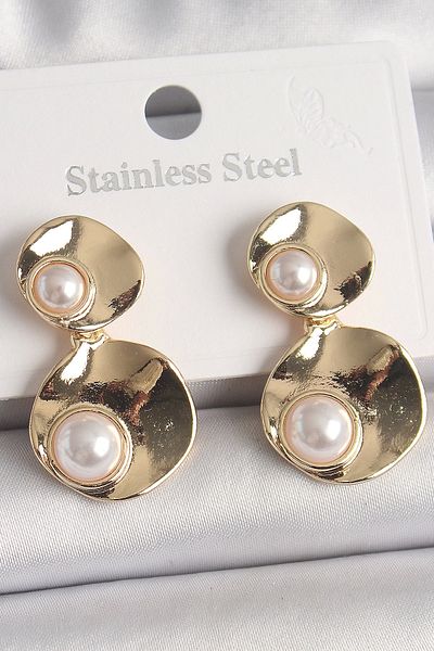 Clariss Brass Gold Color Dangle Pearl Detailed Circle Plate Model Women's Earrings