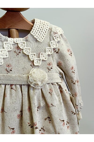 Bebellays Çiçek Desenli Keten Kız Elbise Bej
