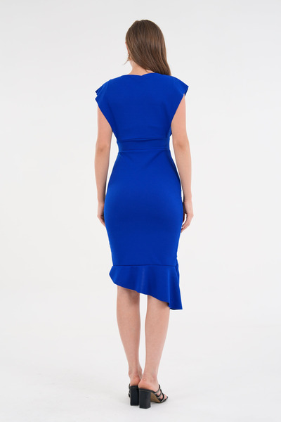 barış sülün lovebox Γυναικείο ελαστικό κρεπ ύφασμα με διπλό στήθος με λαιμόκοψη με λαιμόκοψη Midi Saks μπλε βραδινό φόρεμα 583160