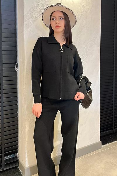 GÜLSELİ Black Women's Knitwear Cardigan and Trousers Set - Double Pockets, Size Fits S-M-L