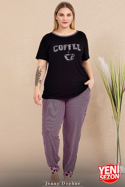 Jenny Daphne Plus Size Stripe Pajamas Set - Short Sleeve, Leg Detail 11009