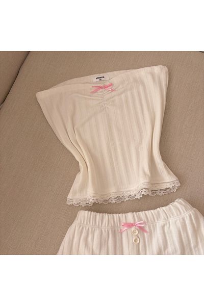 PİNKUE Lace Detailed White Rib Fabric Strapless Pajamas Set with Bow Detail