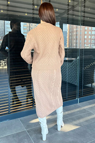 GÜLSELİ Biscuit Women's Knitted Knitwear Blouse Skirt Double Set