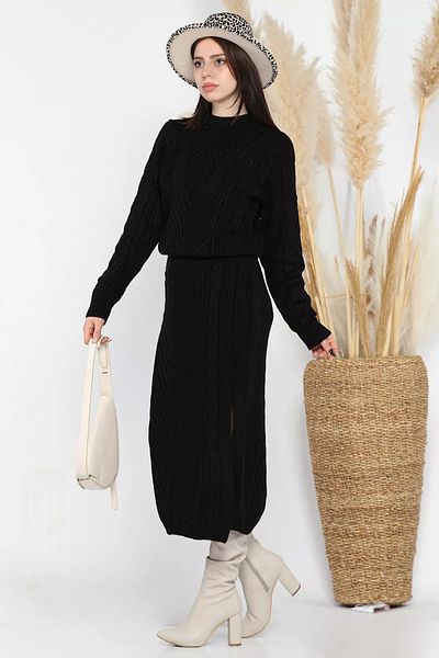 GÜLSELİ Black Women's Knitted Knitwear Blouse Skirt Double Set