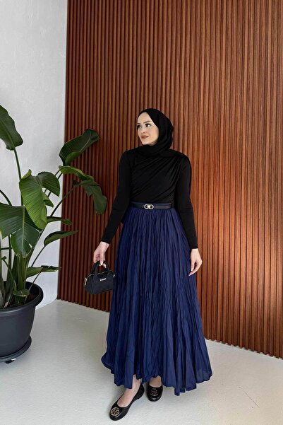 Melike Tatar Dark Blue Crinkle Voile Skirt 3-3022
