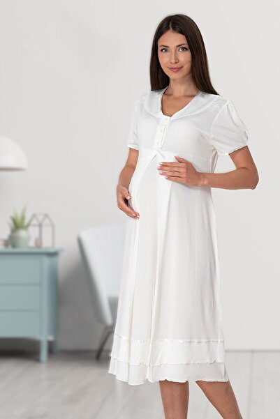 Pelin Kadın Ekru Dantel Detaylı  Lohusa Hamile Gecelik