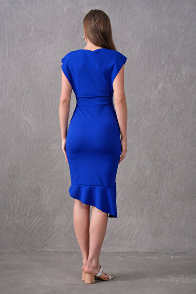 bayansepeti Γυναικείο φόρεμα Saks Blue Crepe Fabric με διπλό γιακά με λεπτομέρεια βολάν 583160