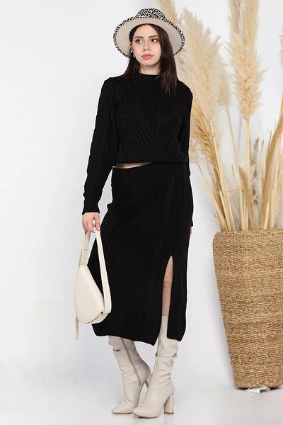 GÜLSELİ Black Women's Knitted Knitwear Blouse Skirt Double Set