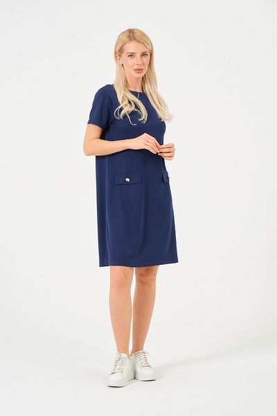 Moda Palmiss Women's Navy Blue Crew Neck Stone Detailed Modal Short Dress