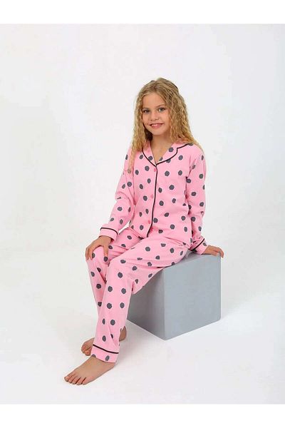 pistyle Girls' Long Sleeve 100% Cotton Buttoned Dark Pink Polka Dot Pajamas Set