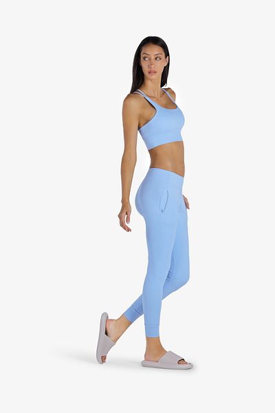 YesEco Women's Light Blue Activewear Set, Recycled Fabric Padded Criss-Cross Sports Bra and Pant