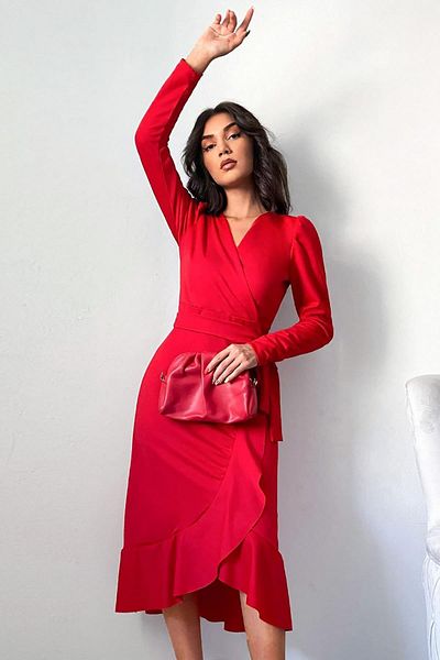 Deafox Rotes, langärmliges Midikleid aus Kreppstoff mit Gürtel