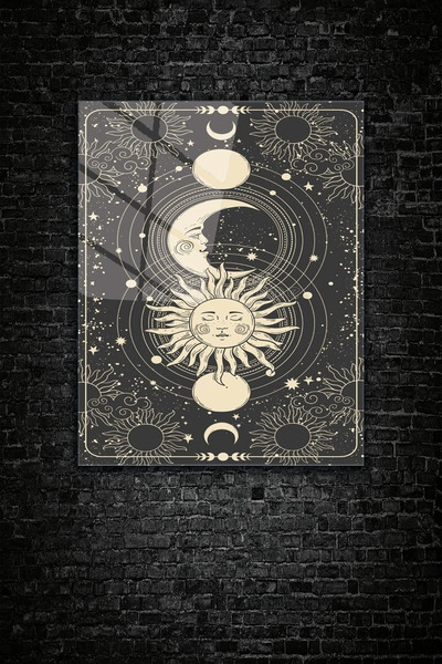 Gray Sun And Moon Pattern, Tarot Card Themed 4 Mm Tempered Tempered Glass Table