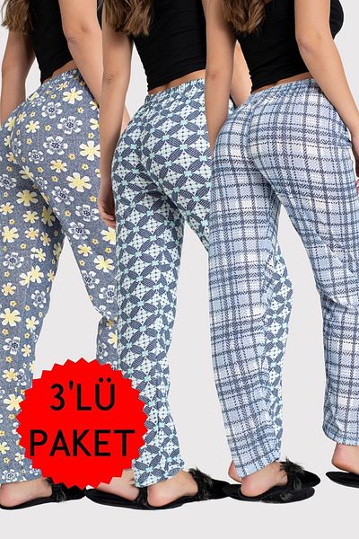 DONEX Balení 3 kusů bavlněné tenké prodyšné látky Stuha v pase Detailní potištěné dámské pyžamové kalhoty bez kapsy