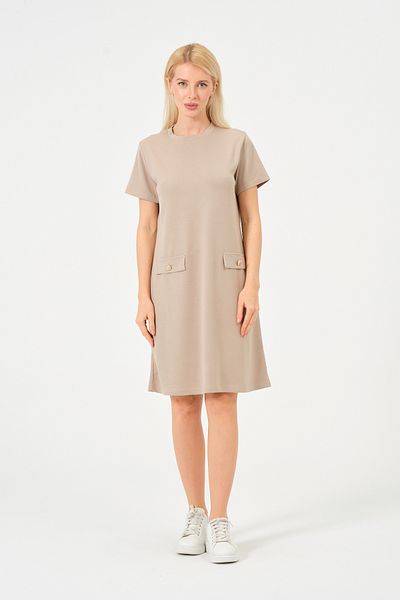 Moda Palmiss Women's Beige Crew Neck Modal Short Dress with Stone Detail