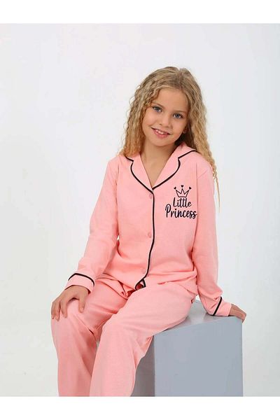 pistyle Girl's Long Sleeve 100% Cotton Buttoned Dark Pink Pajamas Set