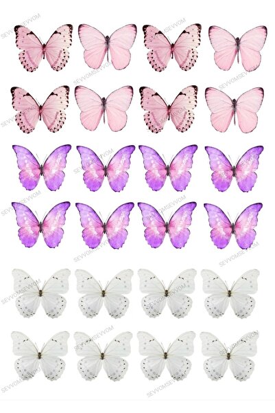 sevvom Yenilebilir Kağıt Pasta Kurabiye Üstü Pembe Beyaz Renk Kelebek Resimli...