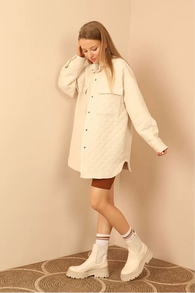 Genel Markalar Jakar Kumaş Soğan Desen Kapitone Oversize Kadın Gömlek-Taş