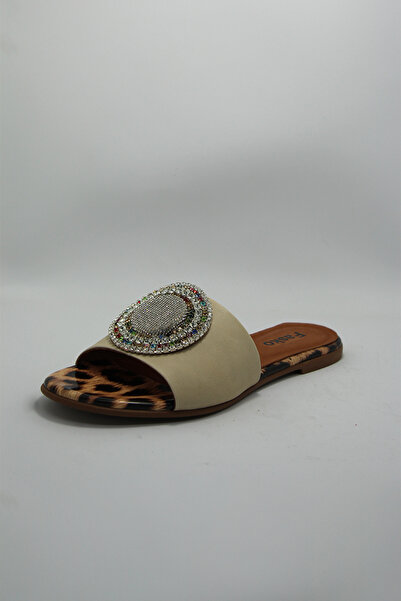 Fasko Leopar Desenli Hakiki Deri Taşlı Terlik