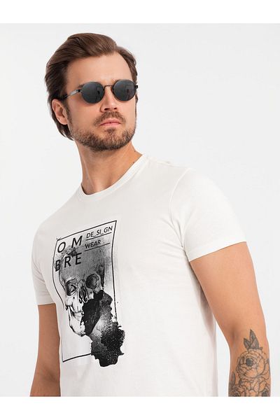 OMBRE Herren Baumwoll-T-Shirt mit Totenkopf - weiß V2 OM-TSPT-0200 M
