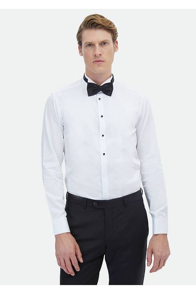 Ramsey Weißes, schlichtes Slim Fit Smokinghemd mit Kläppchenkragen und Doppelmanschette