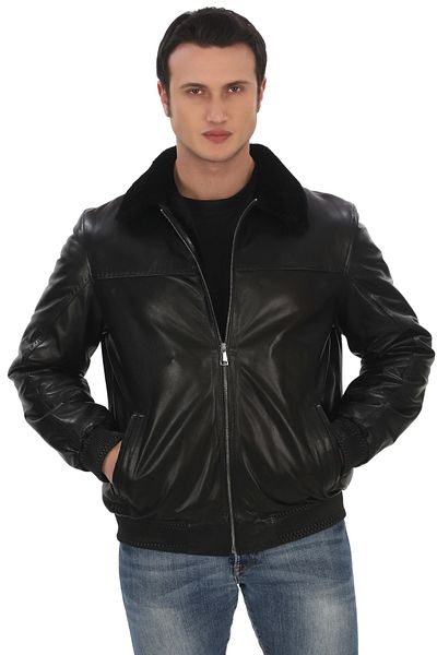FRM Men's Genuine Lambskin Coat Black Furry Bomber Leather Jacket Winter Warm and Fashionable Outerwear