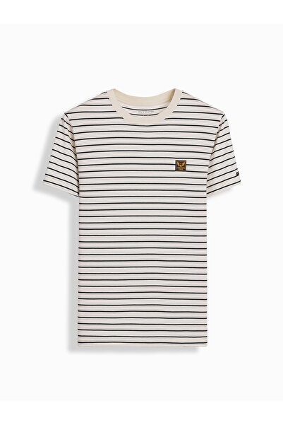 OMBRE Ανδρικό ριγέ μπλουζάκι με patch της Ombre Design - κρεμ και μαύρο V1 OM-TSCT-0183 L