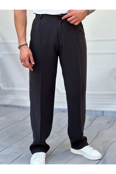 MODEFENDİ Men's Black Ermanno 100% Cotton Linen Baggy Pleated Trousers