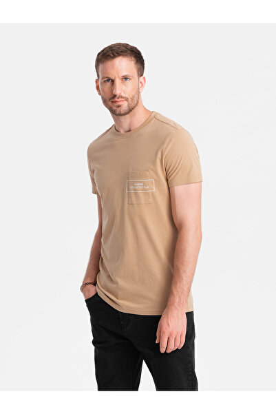 OMBRE Ανδρικό βαμβακερό μπλουζάκι με στάμπα τσέπης Ombre Streetstyle - sand V6 OM-TSCT-0108 M