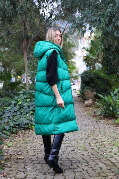 Şaman Butik Yeşil Kapüşonlu Uzun Şişme Yelek