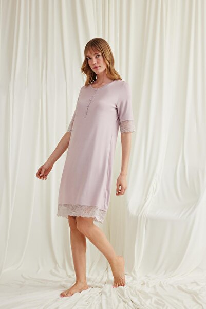 MONAMİSE Monamise Women's Lace Detail Short Sleeve and Button Front Nightgown 18604