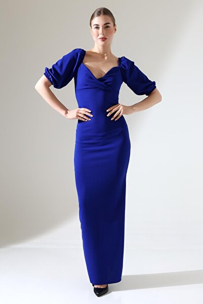 Deafox Сакс креп тканина круазе комір балон рукав розріз деталі максі сукня