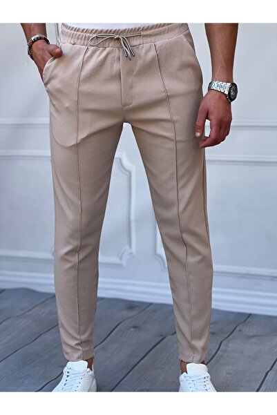 MODEFENDİ Pantaloni jogger pentru bărbați, bej, cu detaliu cu dungi în față, ...