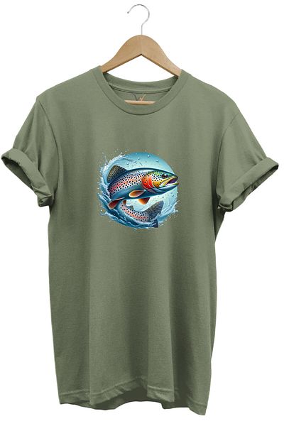 WİDİ Μπλουζάκι με στάμπα Trout Fishing 100% βαμβακερό με κανονική εφαρμογή Crew Neck Khaki