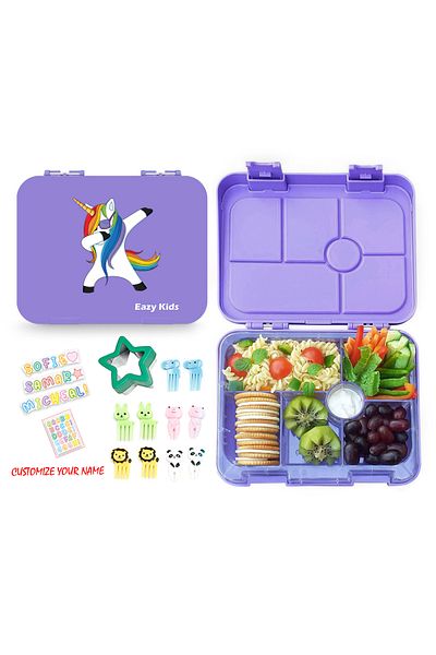 Eazy Kids Eazy Kids Unicorn Purple 6 Compartment Bento Lunch Box w / Lunch Bag - Grey