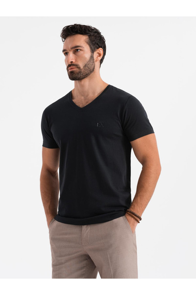 OMBRE Pánské tričko SLIM FIT s výstřihem do V s elastanem a potiskem - černé V1 OM-TSBC-0221 S