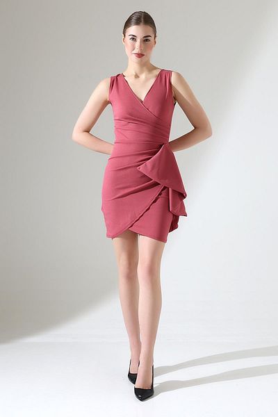 Deafox Μίνι φόρεμα από ύφασμα Dusty Rose Crepe Χοντρό λουράκι με λεπτομέρεια βολάν