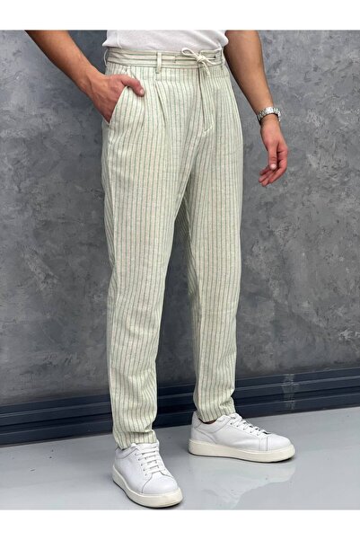MODEFENDİ Erkek Yeşil Linen Kumaş Çizgi Detaylı Pantolon