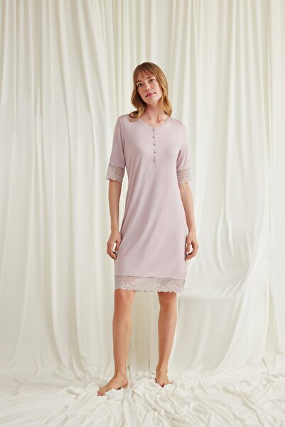 MONAMİSE Monamise Women's Lace Detail Short Sleeve and Button Front Nightgown 18604