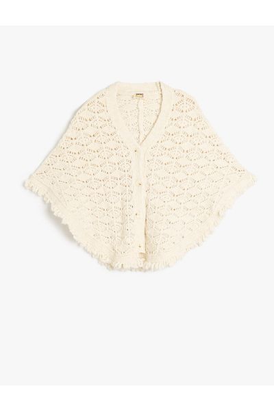 Koton Button Closure V-Neck Tassel Detailed Knitwear Poncho