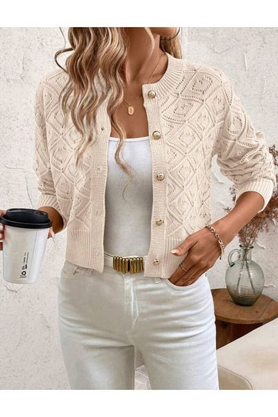 DRESSY CL Ζακέτα με διάτρητο διαμάντι με κουμπιά ενδιάμεσης διάρκειας