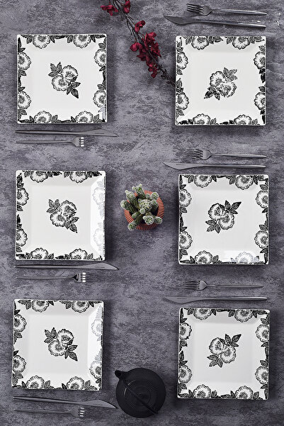 Piatti Naturali 6'lı Şık Tasarım Handmade Black Rose Pasta Tabak Seti Sunum S...
