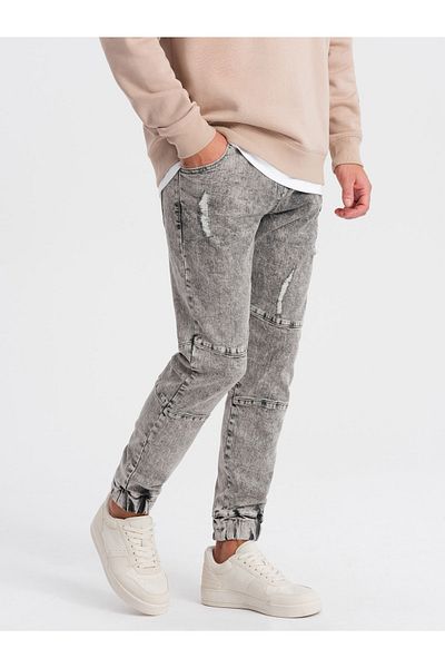OMBRE Pánské mramorované kalhoty JOGGERS s třenými okraji - šedé V3 OM-PADJ-0153 L