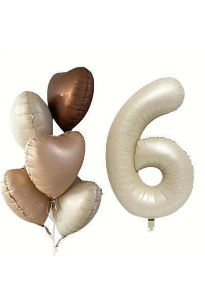 ATAKENT PARTİ 6 Years Old Retro Beige - Latte Brown Heart Birthday Balloon Set